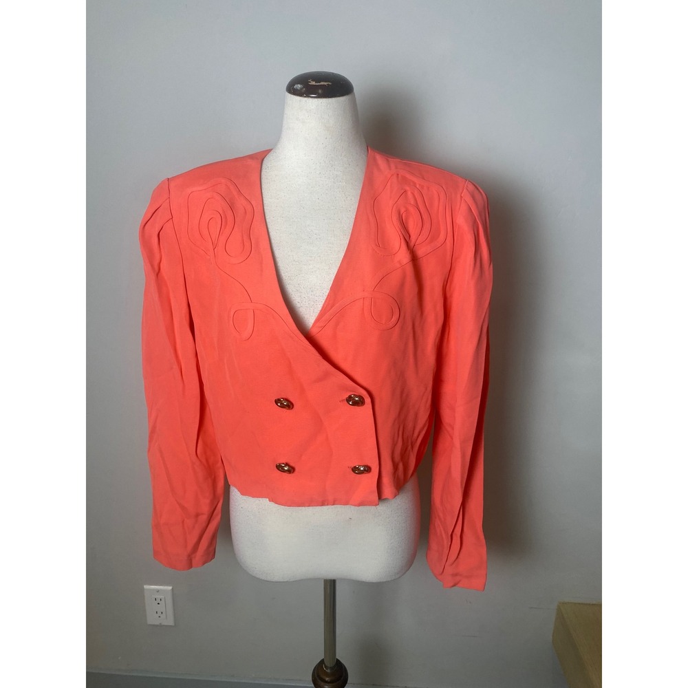 Vintage David Benjamin Coral Pink Soutache Cropped Blazer Gold Button 90s Jacket